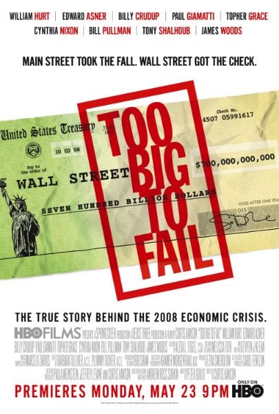 Póster de Too Big to Fail, con el título en rojo sobre un cheque del Tesoro de Estados Unidos a nombre de Wall Street.