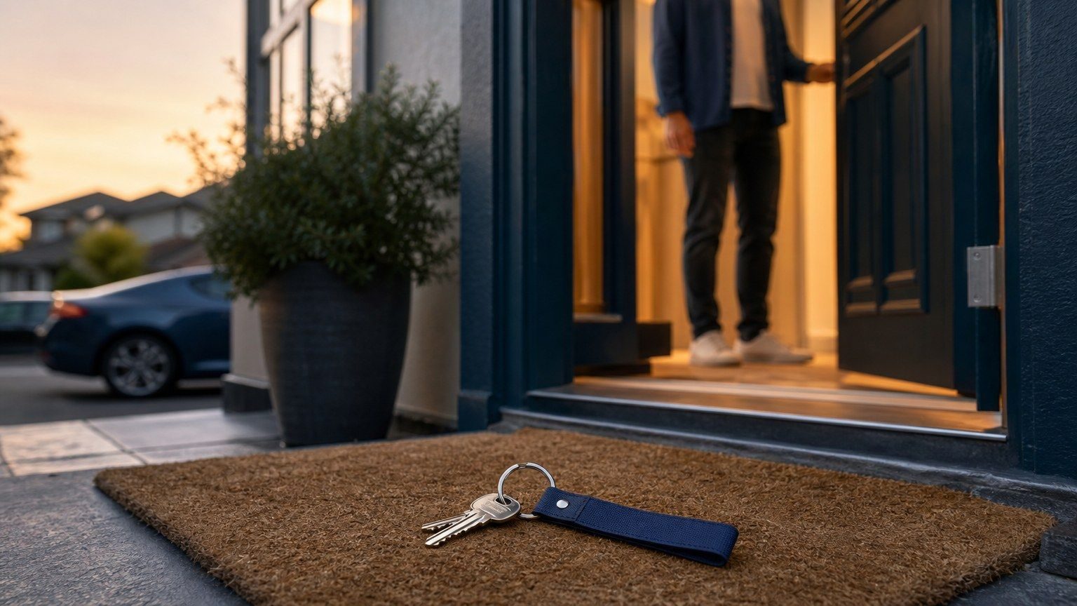 A set of house keys on a navy keychain resting on a coir doormat at a freshly painted front door standing slightly ajar