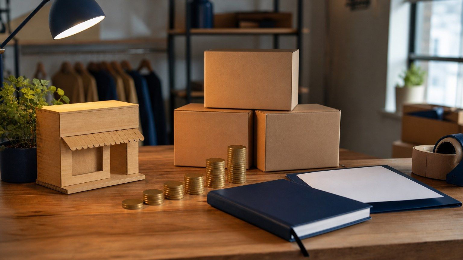 Ett e-handelsbord med tomma paket, en liten butiksmodell, en finansieringsmapp och ordnade myntstaplar.