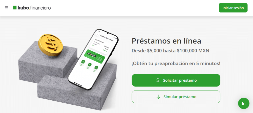 Página de Kubo Financiero con préstamos en línea de $5,000 a $100,000 MXN y opciones para solicitar o simular un préstamo.