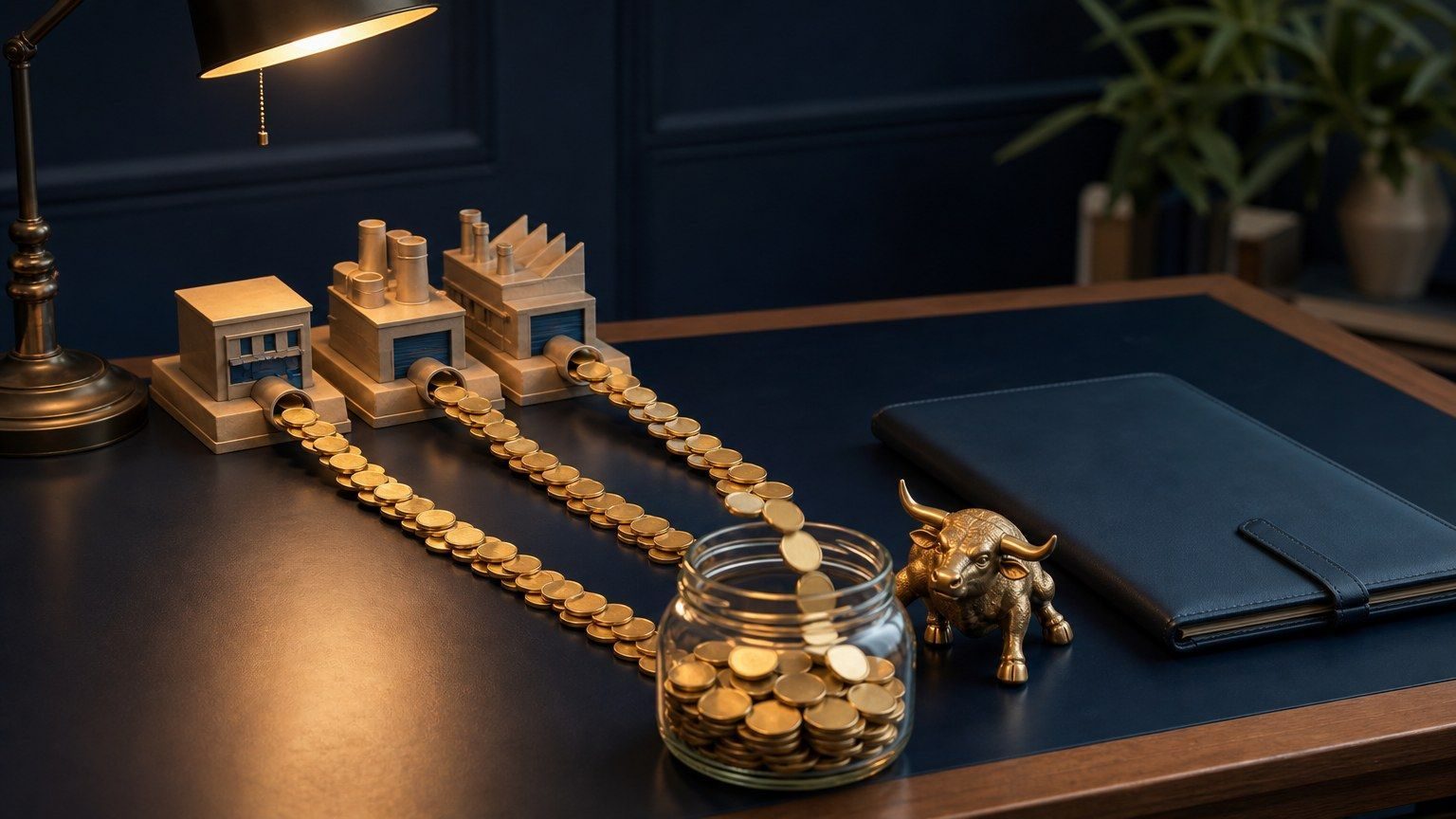 Des maquettes d’entreprises distribuent des pièces sans inscription vers un récipient de revenus, illustrant les actions à dividendes.