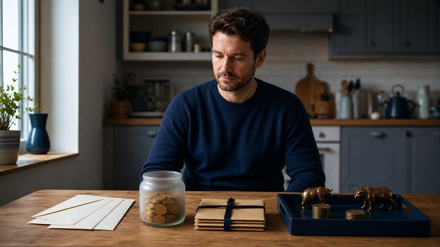 A person organizes a kitchen table into budgeting, savings, debt, and investing zones with envelopes, coins, and investment figures.