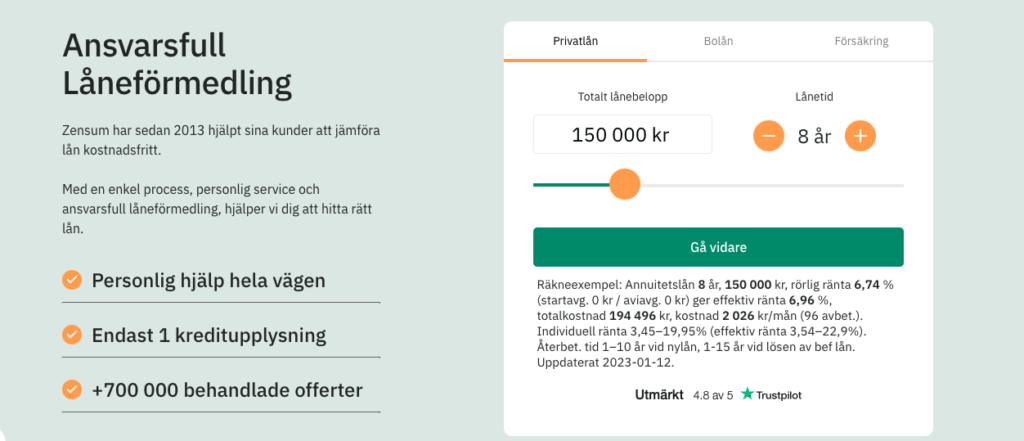 Skärmdump av Zensums hemsida