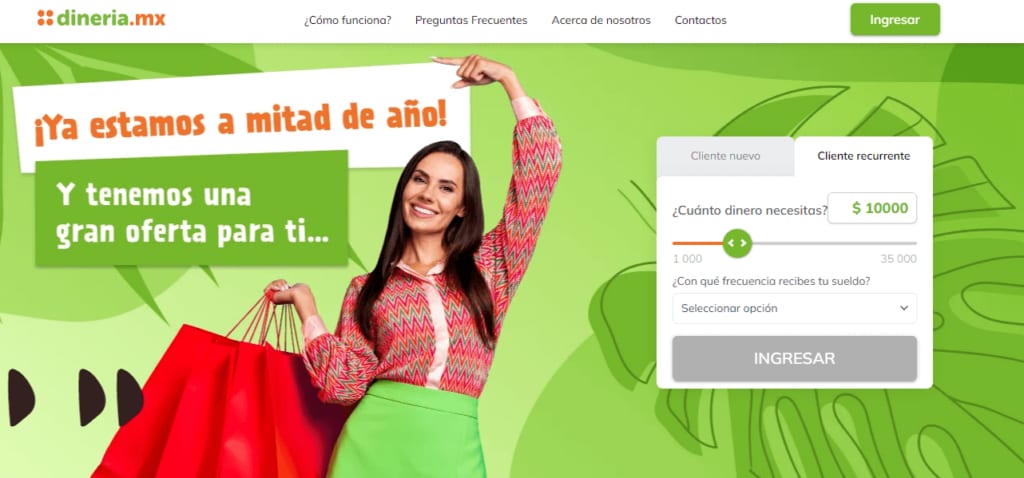Página de inicio de Dineria.mx con simulador de préstamo por $10,000 y selector de frecuencia de pago del sueldo.