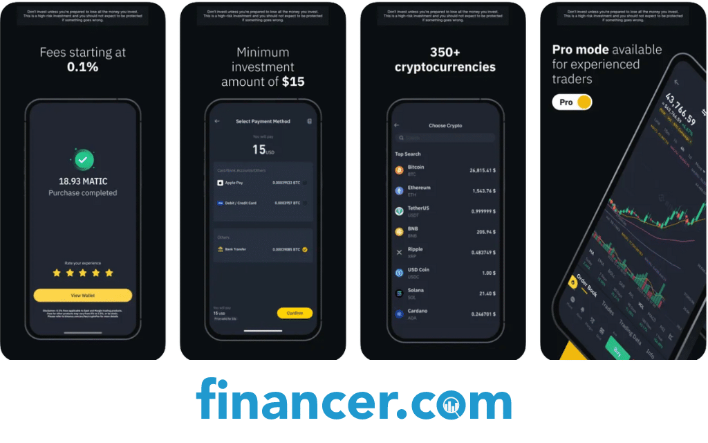 Binance-sovelluksen näkymiä: kulut alkaen 0,1 %, vähimmäissijoitus 15 dollaria, yli 350 kryptovaluuttaa ja Pro-tila.