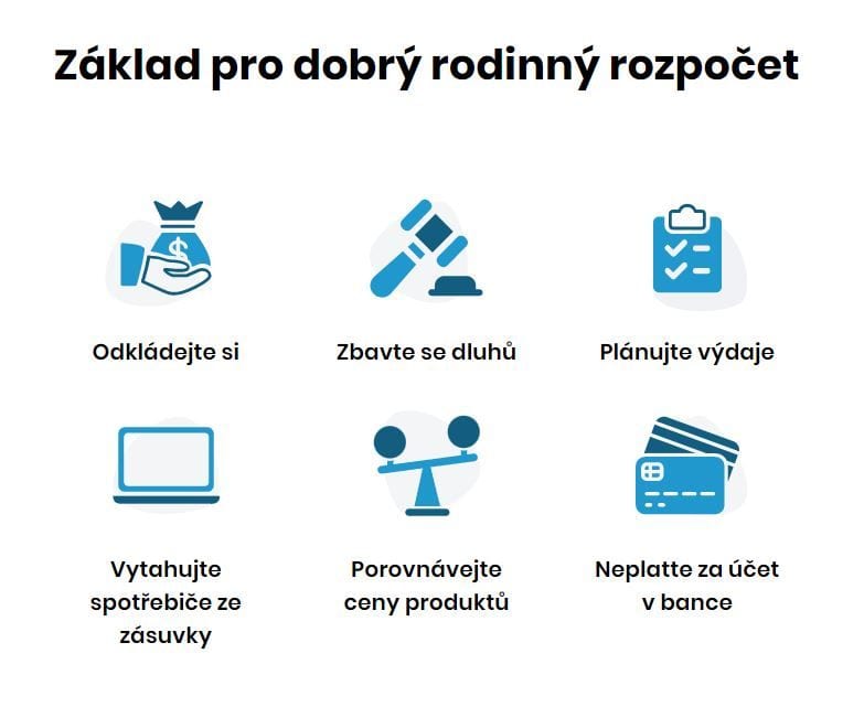 Infografika se šesti tipy pro rodinný rozpočet: spořit, zbavit se dluhů, plánovat výdaje, odpojovat spotřebiče, porovnávat ceny a mít účet zdarma.
