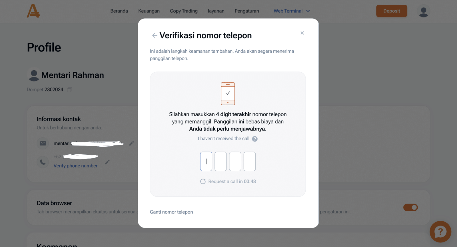 Masukkan kode verifikasi telepon di amarkets
