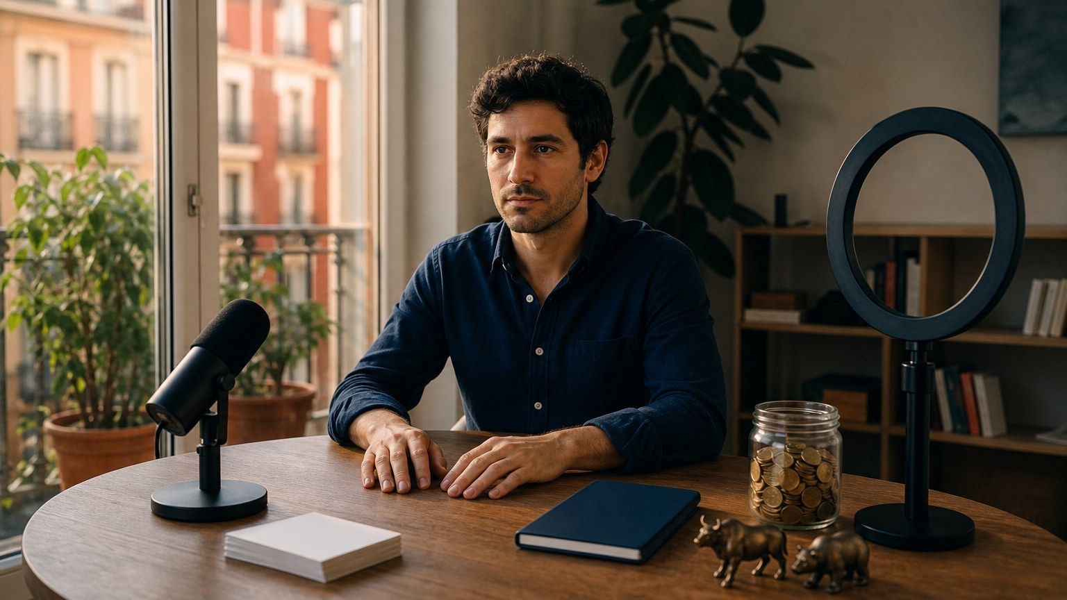 Un creador de finanzas graba una lección con micrófono, luz de aro y objetos de inversión sin marcas.