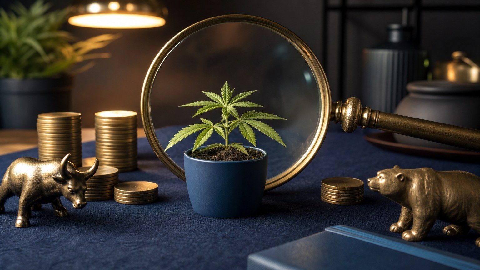 Eine Cannabispflanze steht neben Münzstapeln, Lupe sowie Bullen- und Bärenfiguren als Symbol für Cannabis-Aktien.