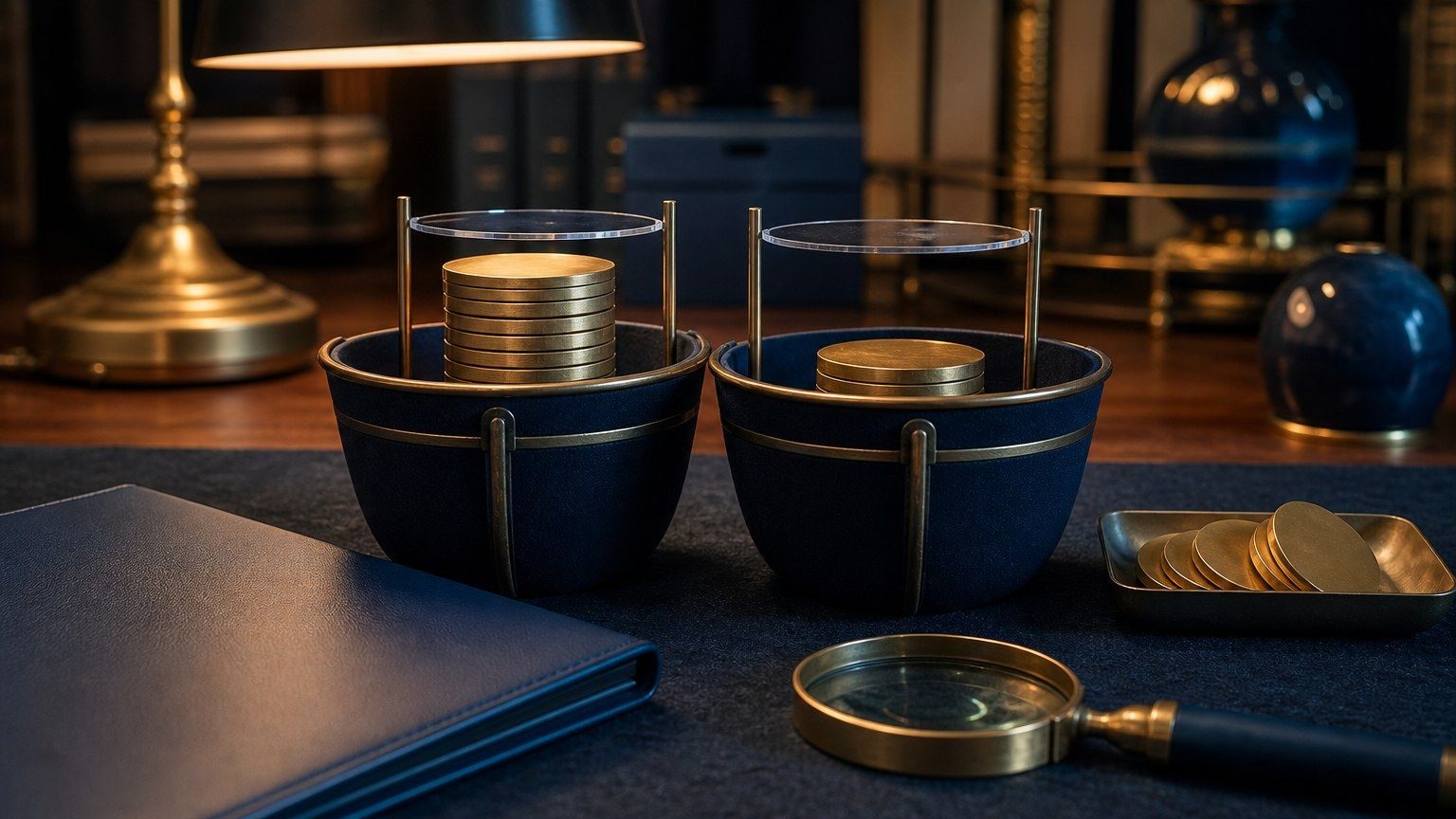 Two navy fund baskets compare a taller fee stack before a waiver with a smaller stack after costs are reduced.