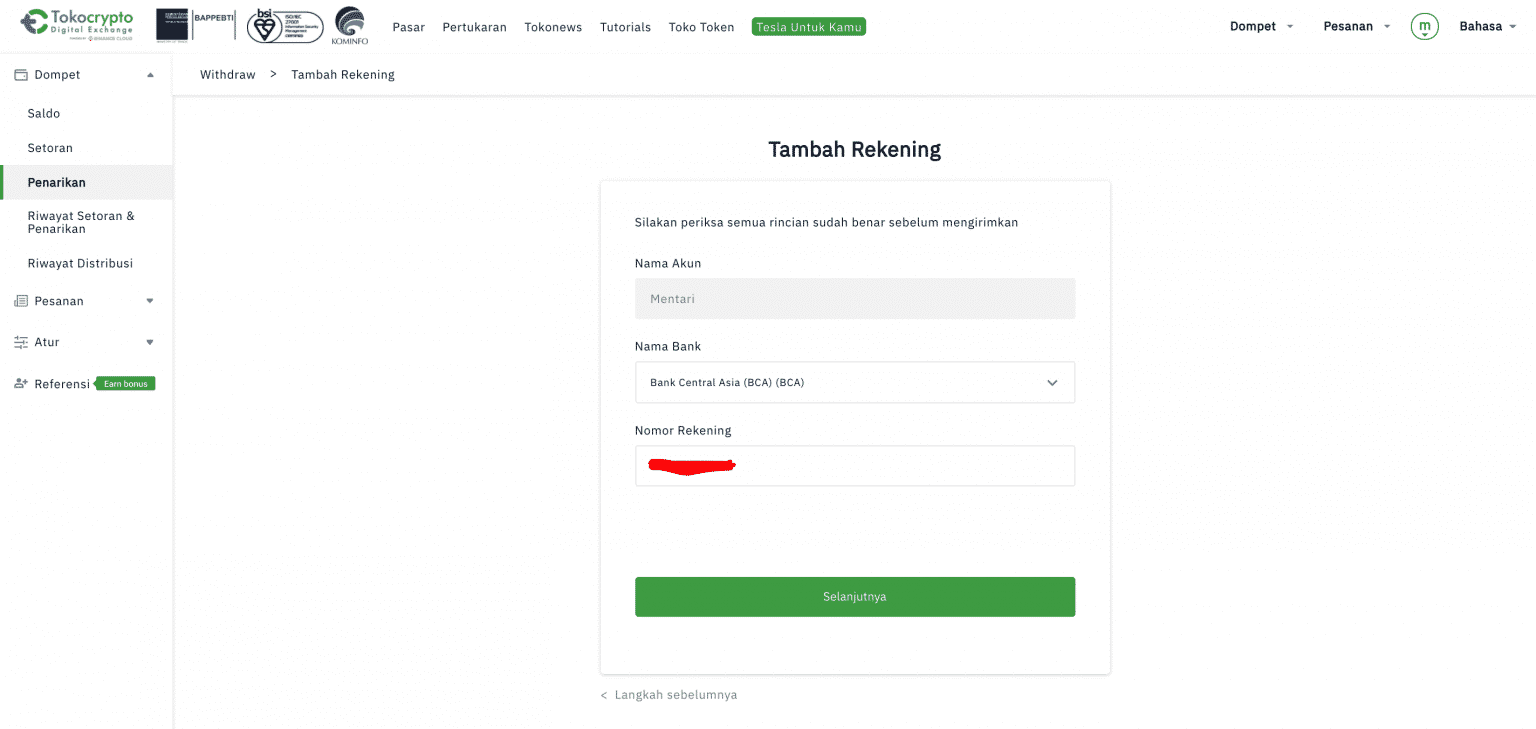 Tambah rekening di tokocrypto
