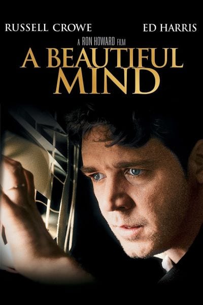 Póster de Una mente brillante, con un hombre mirando entre persianas y el título A Beautiful Mind en letras doradas.