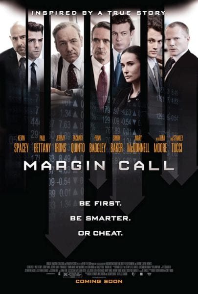 Póster de Margin Call con sus protagonistas entre cifras bursátiles y grandes flechas que apuntan hacia abajo.