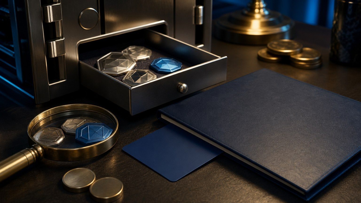 Een crypto-handelsopstelling met een kluisbakje, blanco betaalkaart, tokens en muntenschijven op een donkere tafel.
