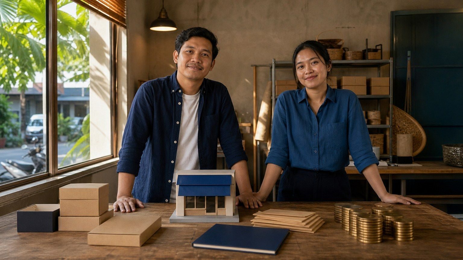 Dua pendiri bisnis Indonesia berdiri di meja kerja dengan model toko kecil, amplop kosong, map bisnis biru tua, dan tumpukan koin polos.