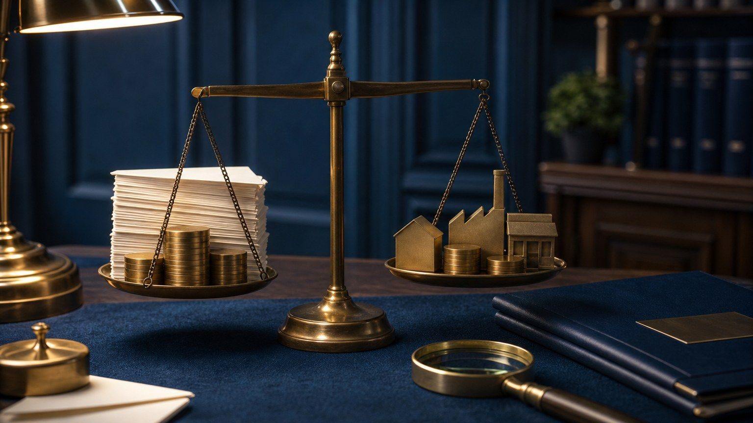 A brass balance scale compares blank government-bond envelopes and debt discs with a small model of economic output.