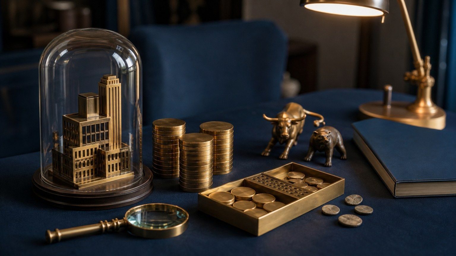 A quality-stock investing desk shows a protected company model, coin columns, and a filter tray.