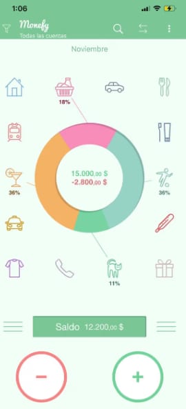 Interfaz de la app de finanzas personales Monefy