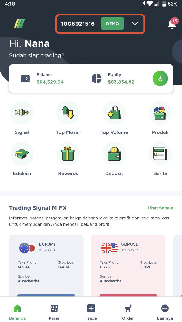 Buka aplikasi dashboard mifx
