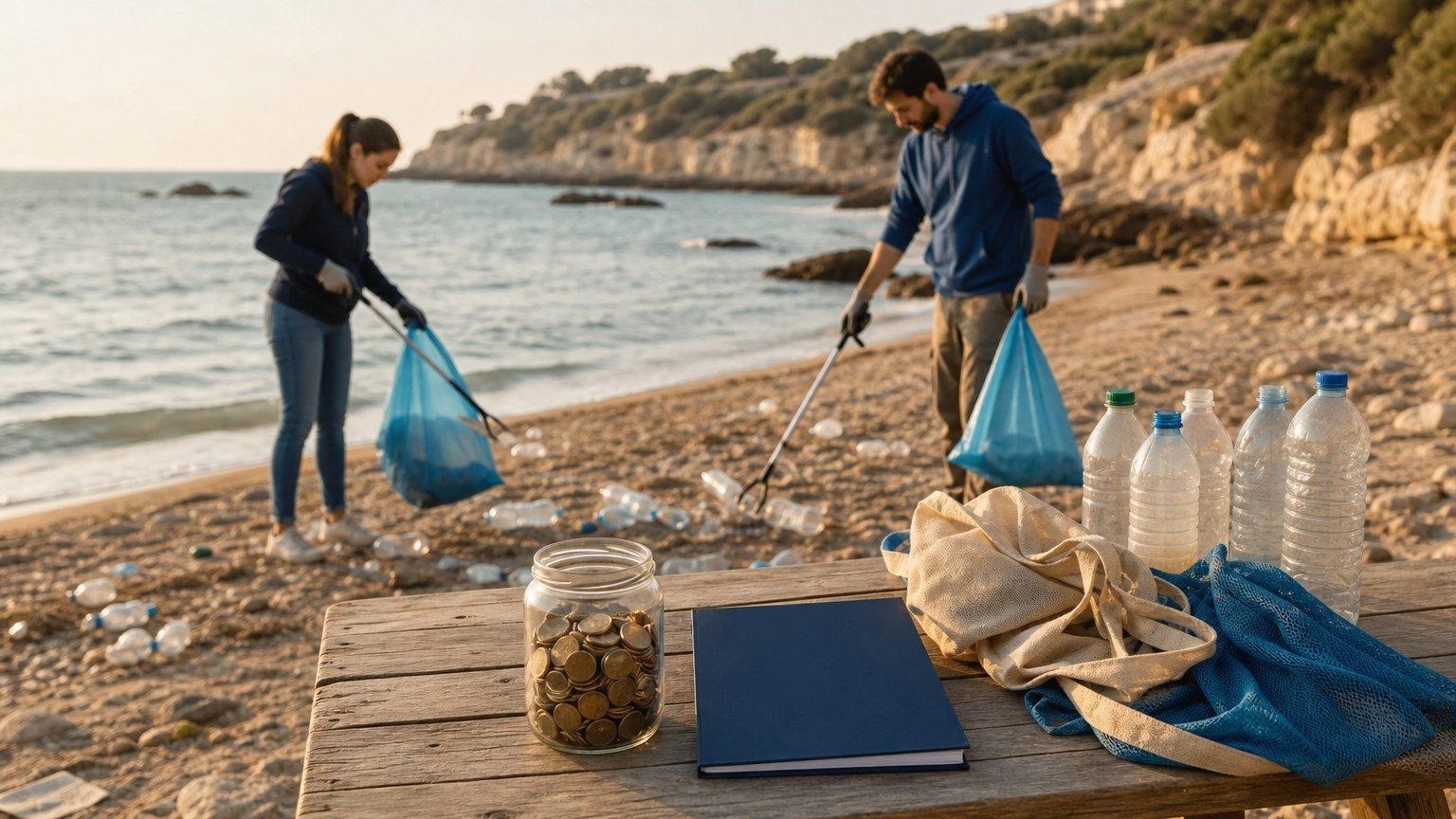 Dua relawan membersihkan pantai dengan meja kecil berisi toples koin polos, map proyek biru tua, tas pembersihan, dan botol plastik.