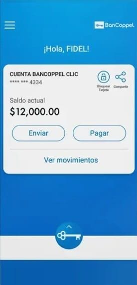 Pantalla de inicio de la app BanCoppel con saldo de $12,000 y opciones para enviar, pagar y ver movimientos.