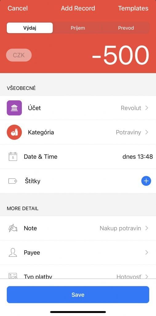 Wallet aplikace - přehled výdajů a příjmů