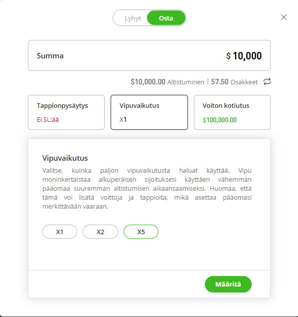 eToron vipuvaikutuksen valinta: 10 000 dollarin sijoitussumma ja vipuvaihtoehdot X1, X2 ja X5.