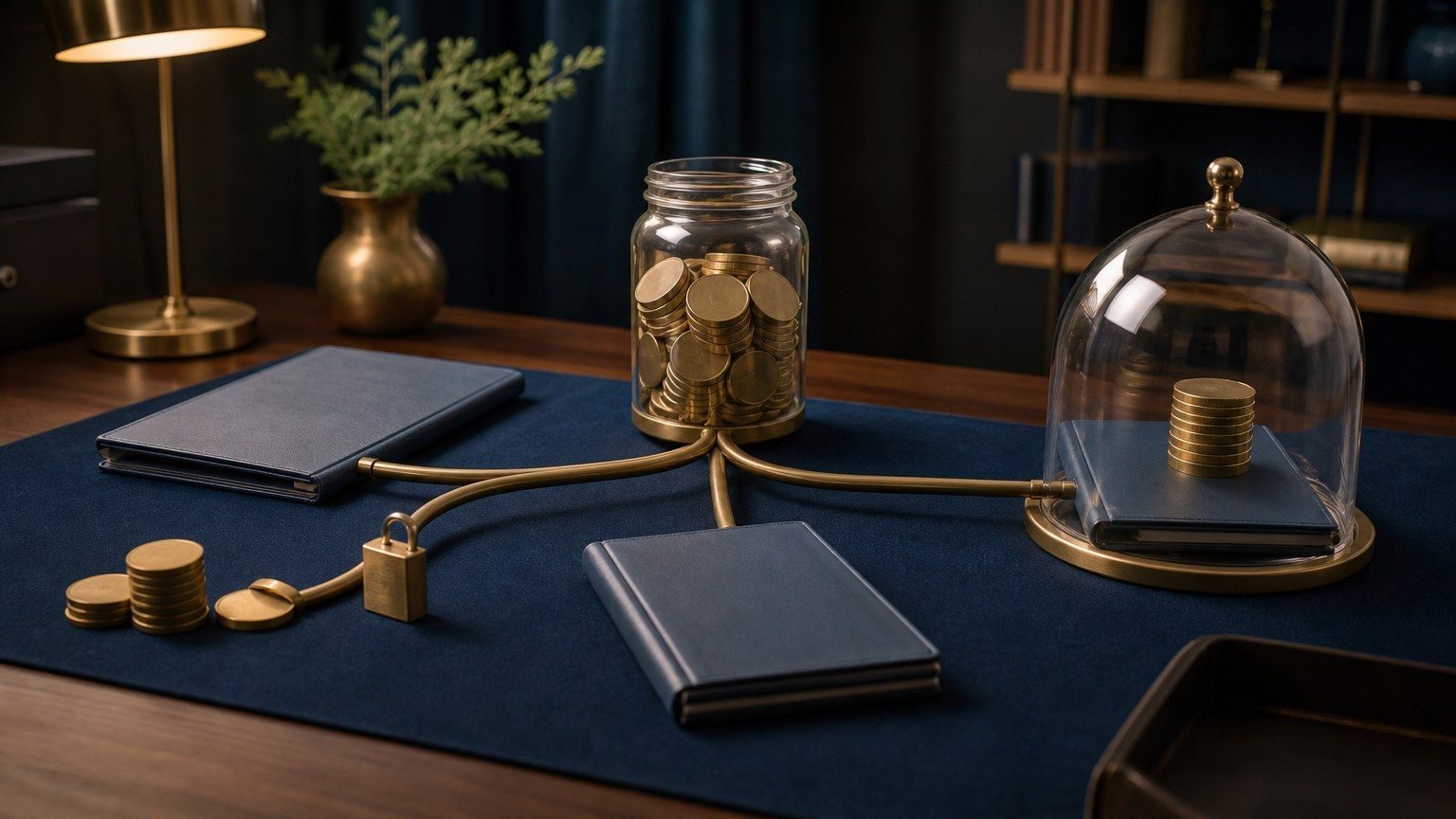 Ein Anlegerglas, leere Kreditmappen, eine Glasglocke und ein Schloss zeigen eine abgesicherte P2P-Rückkaufgarantie.