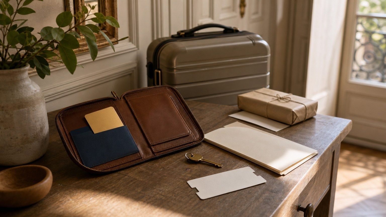Carte bancaire dorée posée dans un portefeuille de voyage avec une valise, une clé et des documents d'assurance vierges.
