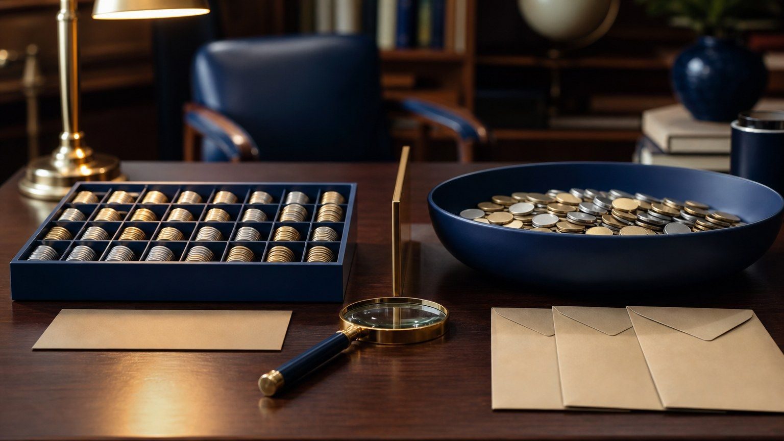 A side-by-side investment desk compares an ETF tray with a pooled mutual fund bowl using blank metal discs.