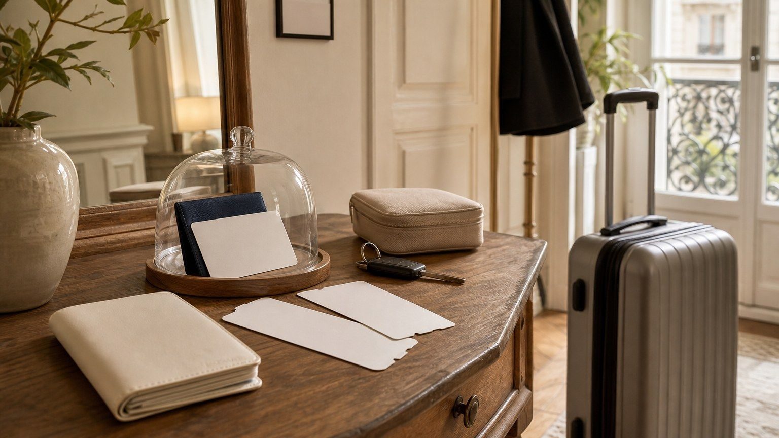 Carte bancaire premium vierge avec documents de voyage, clé de location et pochette médicale sur une table d’entrée.