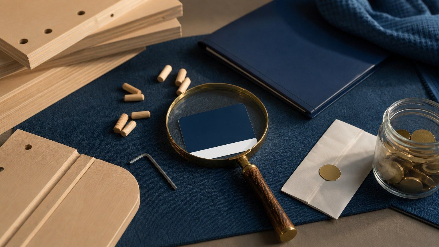Flat-pack furniture parts sit beside a blank payment card, fee envelope, rewards folder, and coin jar.