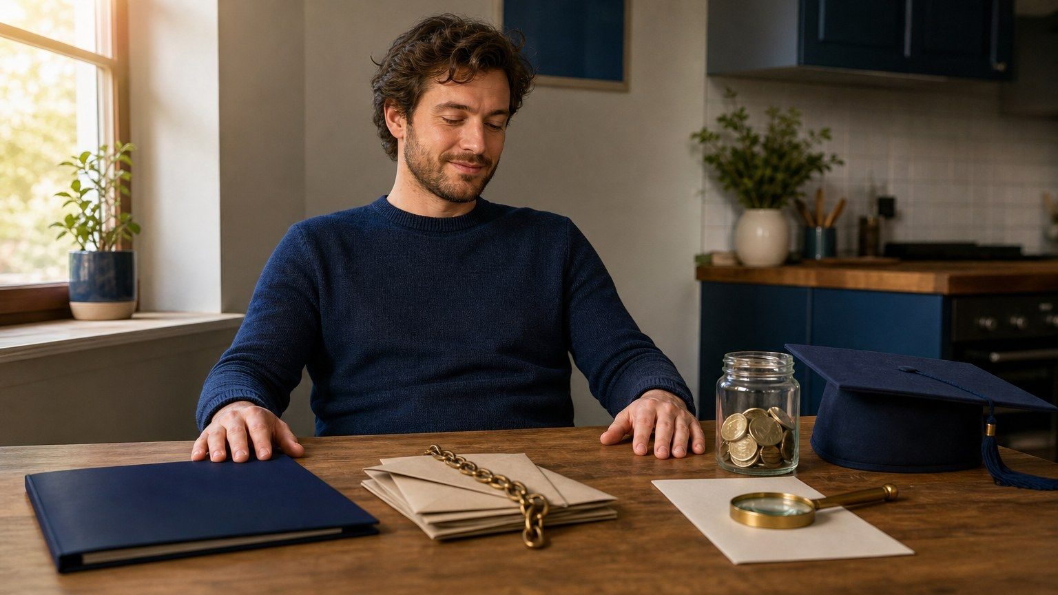 A borrower reviews student loan forgiveness options at a kitchen table with debt envelopes, a graduation cap, and a jar of coins.