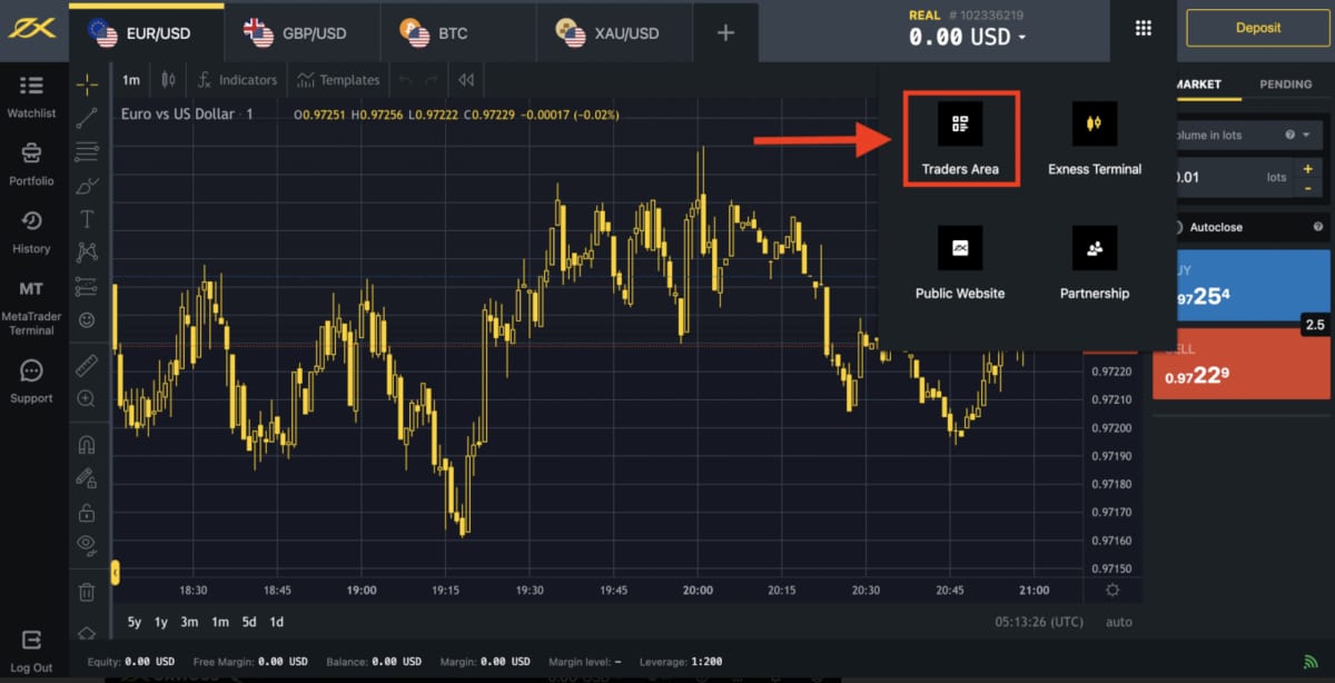 Pilih traders area di exness