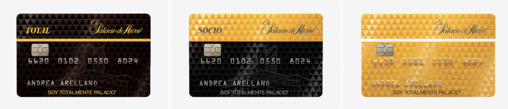 Tres tarjetas departamentales de El Palacio de Hierro: Total en negro, Socio en negro y amarillo, y una dorada.