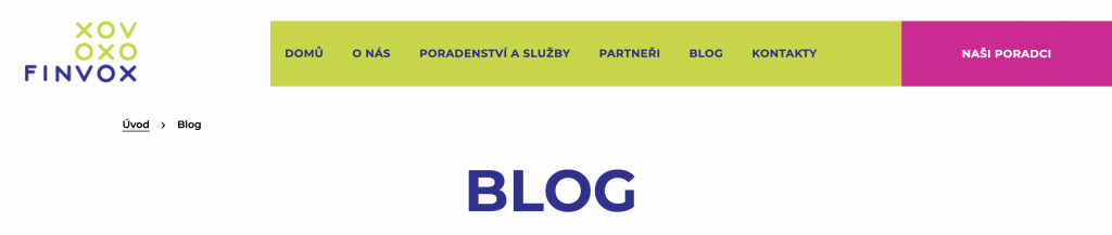 Záhlaví webu FINVOX na stránce Blog s logem, hlavní nabídkou a tlačítkem Naši poradci.