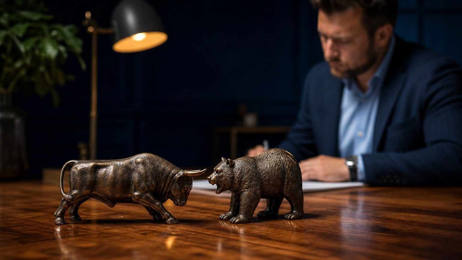 Two small bronze figurines of a bull and a bear facing each other on a polished wooden desk