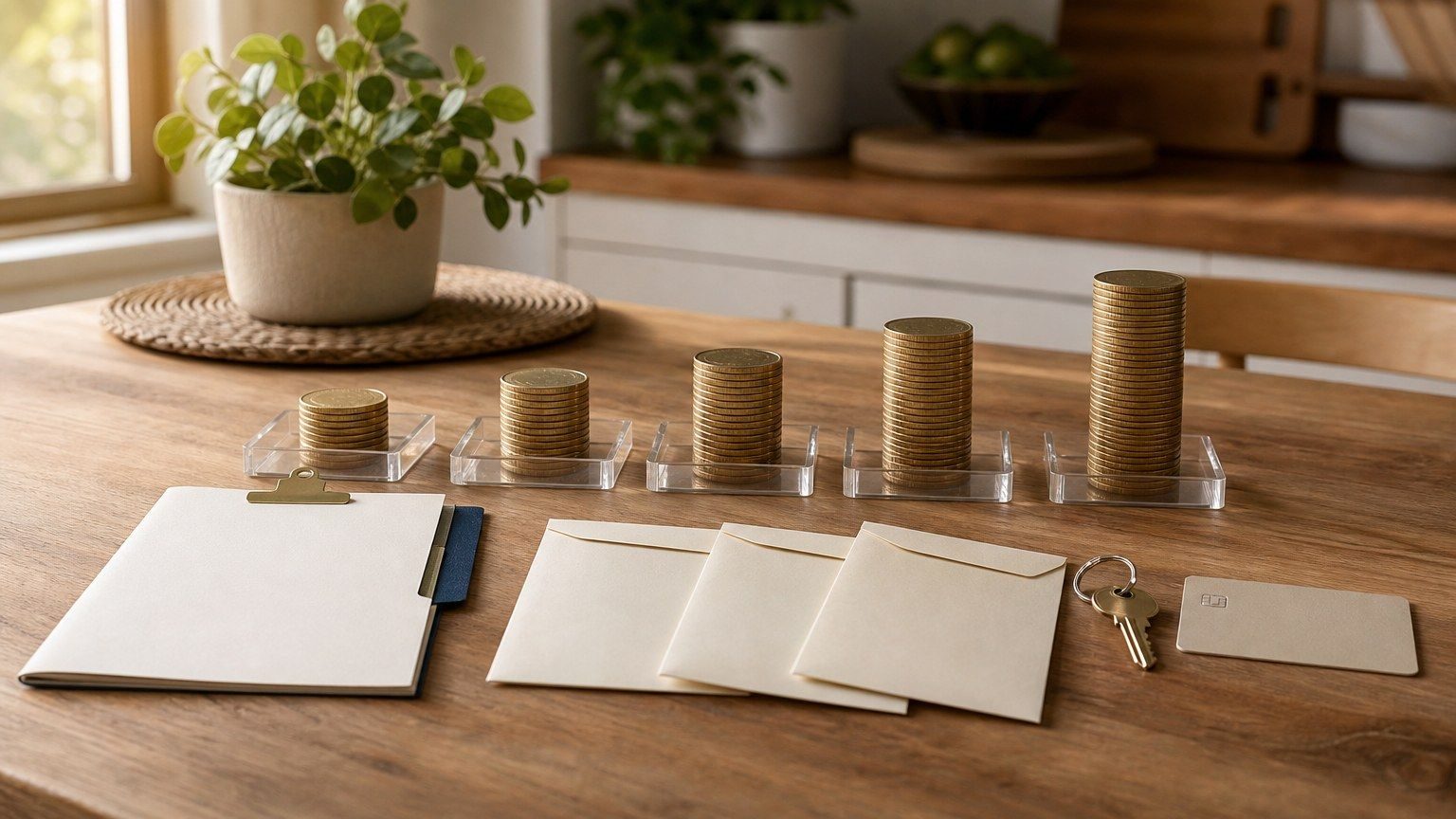 Ascending credit score bands represented by rising trays of coins with a credit file, bureau envelopes, a house key, and a blank credit card on a kitchen table.
