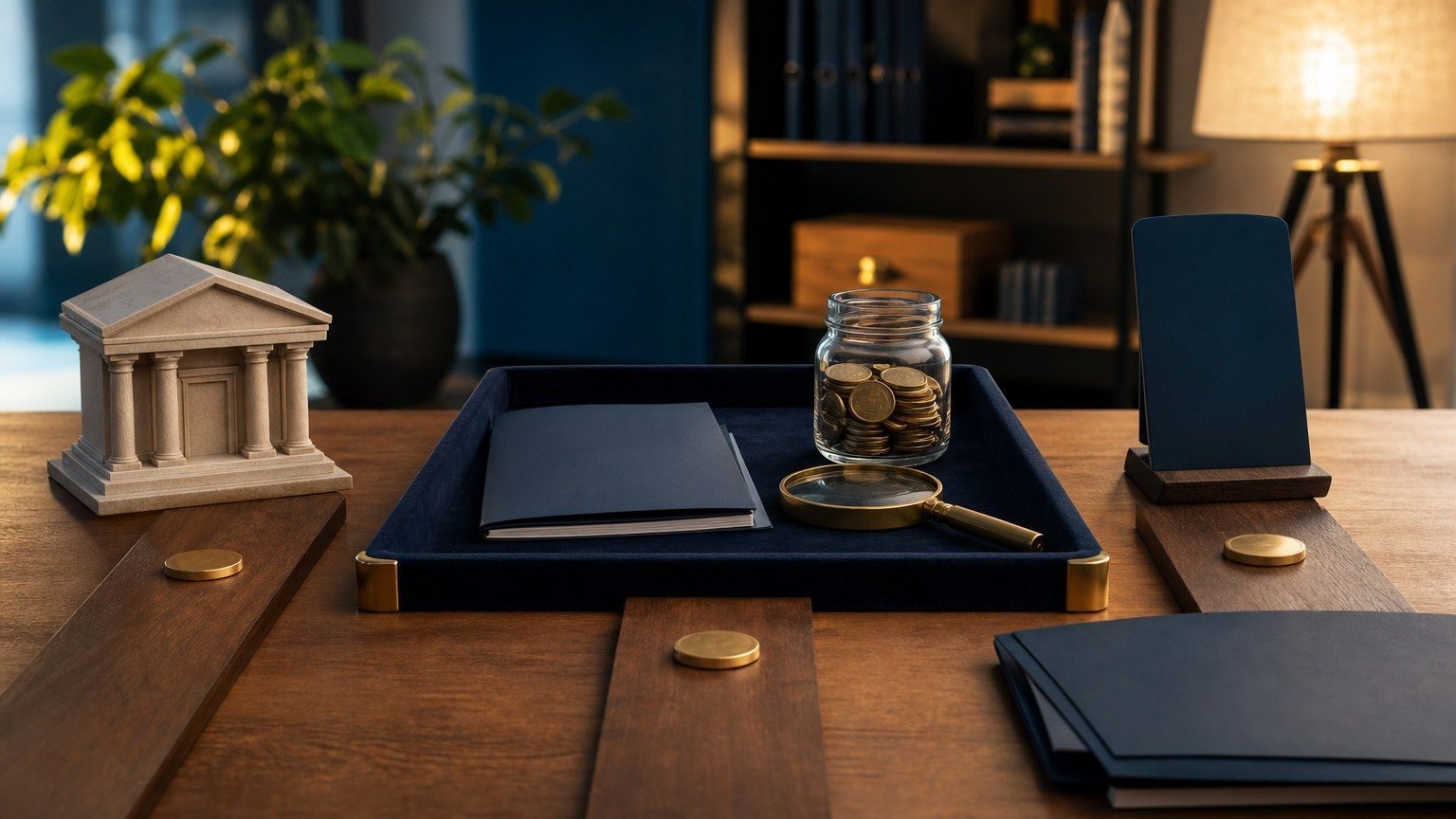 Unbranded bank, lender, and card objects connect by coin paths to a central comparison tray on a finance desk.