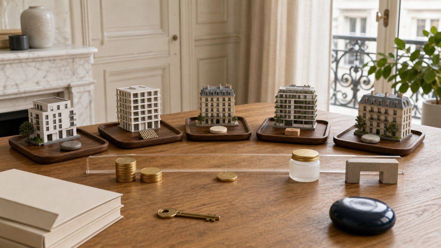 Comparaison de plusieurs immeubles miniatures représentant une sélection de SCPI sur une table d’investisseur.