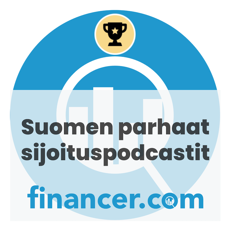 Grafiikka, jossa on teksti ”Suomen parhaat sijoituspodcastit”, pokaali, pylväskaavio ja financer.com-logo.