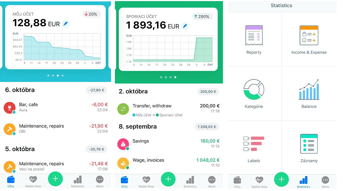 Obrazovky aplikácie Wallet by BudgetBakers s prehľadom účtov, zostatkami, transakciami a štatistikami.