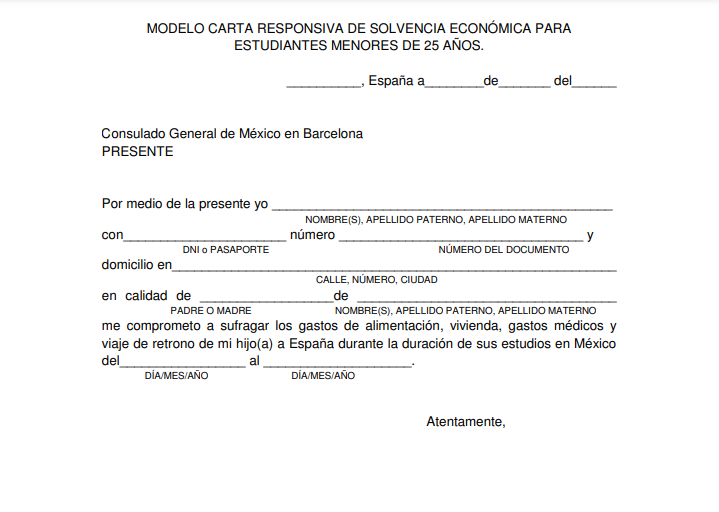 Modelo de carta responsiva de solvencia económica para estudiantes menores de 25 años, dirigida al Consulado de México en Barcelona.