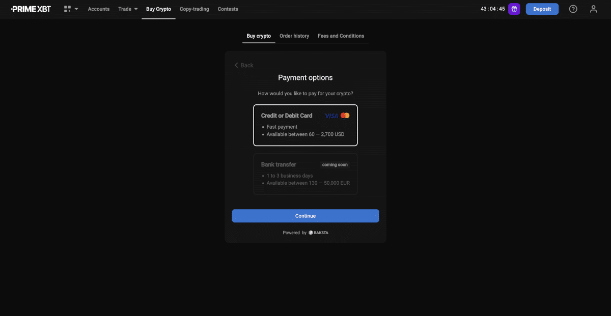 Pilih credit atau debit card di primexbt
