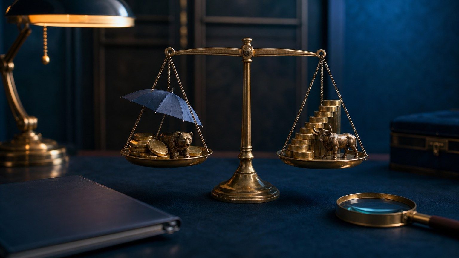 A brass balance scale compares a protective umbrella and bear figurine with rising coin steps and a bull figurine.