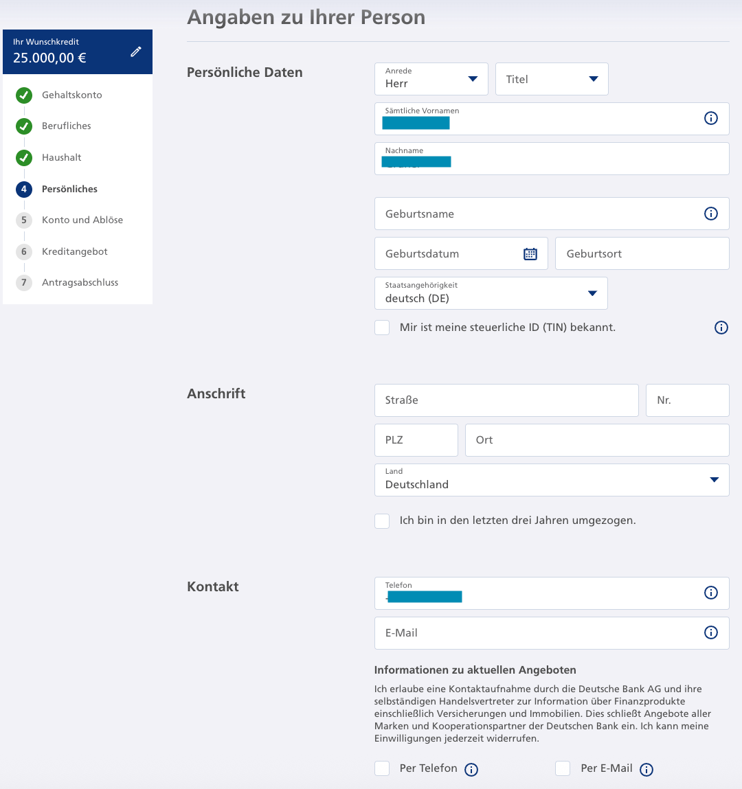 Persoenliche daten vervollstaendigen postbank kredit