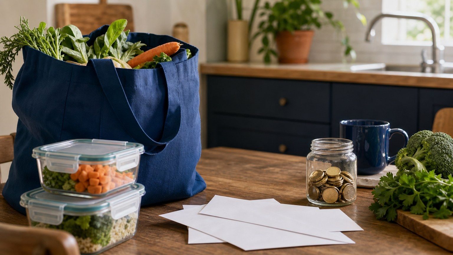 Mesa de cocina con bolsa reutilizable, sobres de presupuesto y un frasco de ahorro con monedas sin marcas.