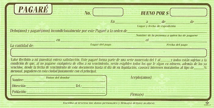 Formato de pagaré en blanco con campos para el monto del préstamo, fecha de pago, datos del deudor y firmas.