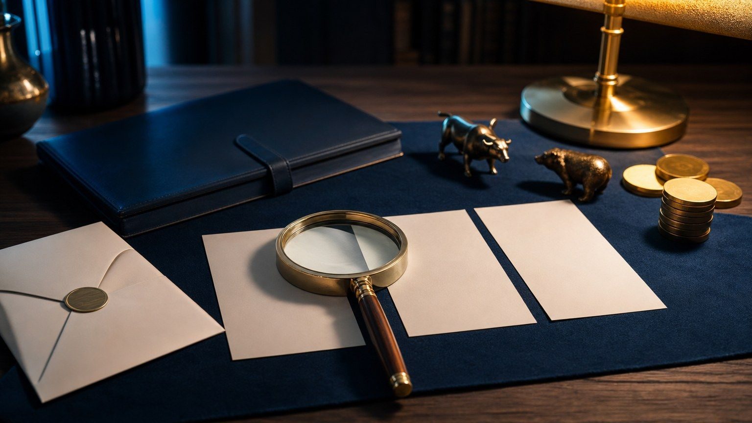 Investment research cards, bull and bear figurines, a magnifying glass, coins, and a portfolio folder sit on a review desk.