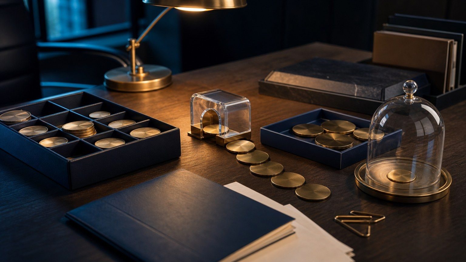 An ETF basket moves blank brass investment discs through a clear exchange gate while a tax tray remains nearly empty.